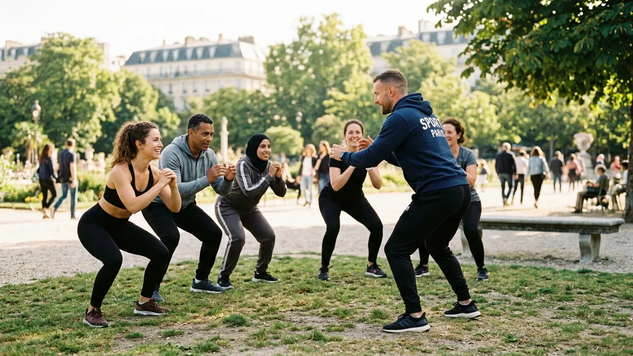 Séance collective d'activité physique en plein air animée par les éducateurs d'ASS OXYGYM